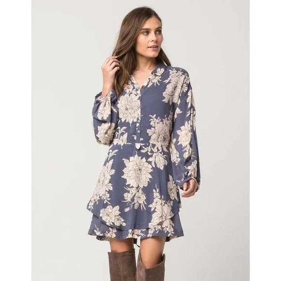 Free People | Dresses | Free People Womens Large Shake It Dress Blue Bold  Floral Boho Tiered | Poshmark